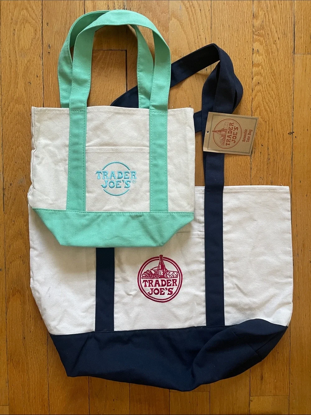 2 New Trader Joe’s Tote Bags Mini & Large   Navy Teal small bag light blue Lot